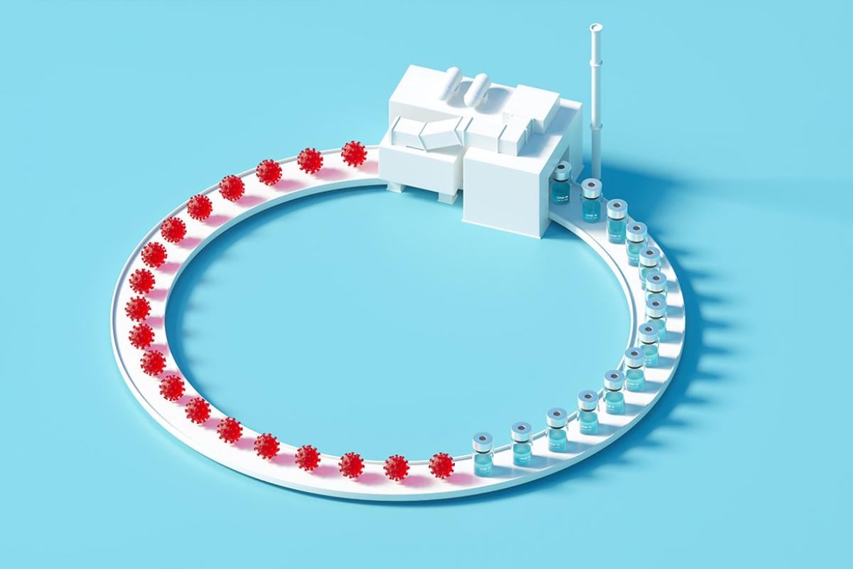 Digital generated image of circular production line of COVID-19 vaccine bottles