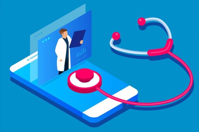  Illustration of a physician on a smartphone with a stethoscope