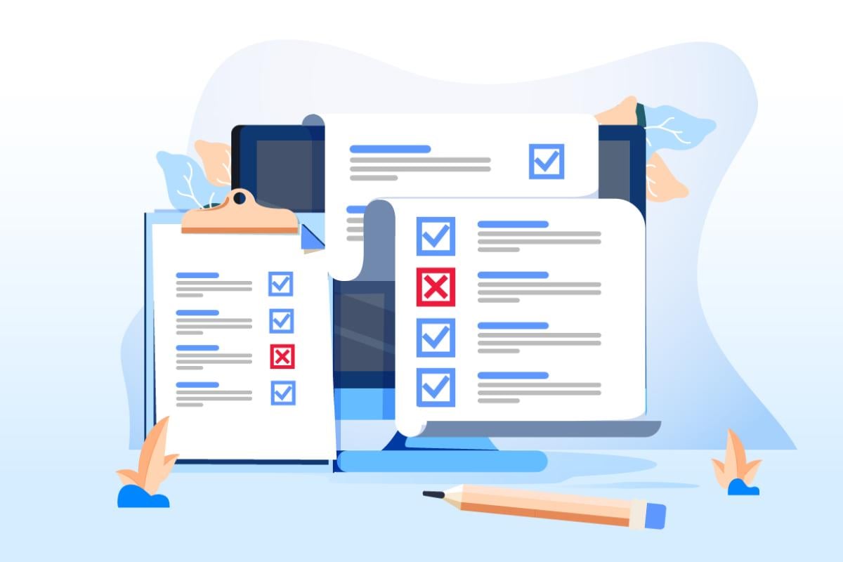 Documents with check marks and boxes
