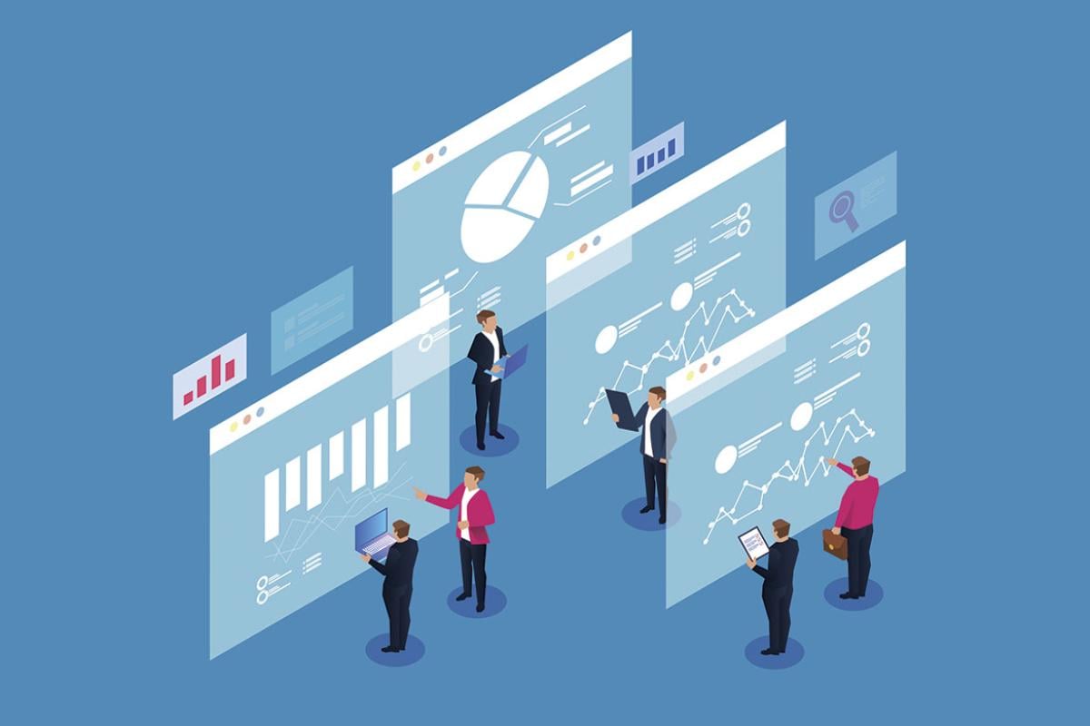 Figures in front of data charts