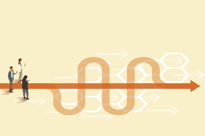 Three people stand at a straight arrow, overlayed on a curving pathway