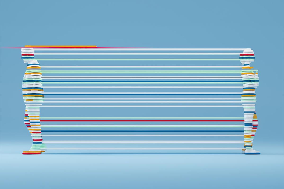 Two standing figures connected by various vertical lines