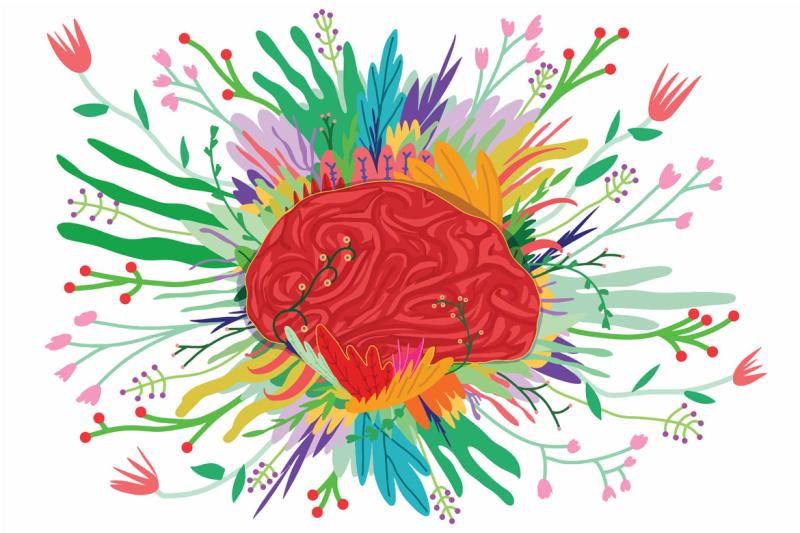 Brain in the center of a floral arrangement