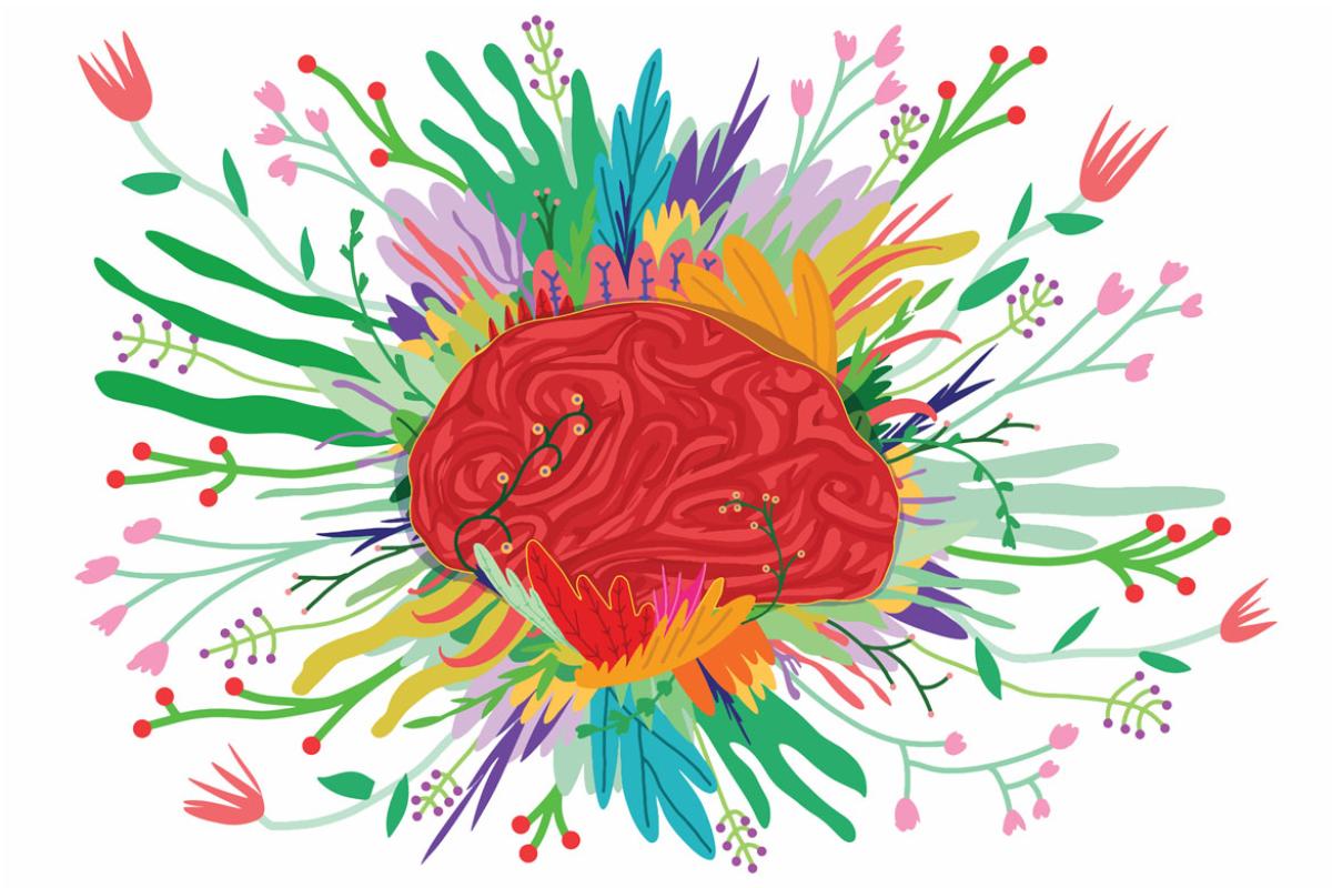 Brain in the center of a floral arrangement