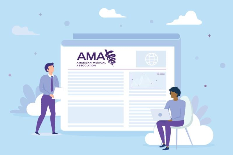 Illustration of two people in front of a large newspaper