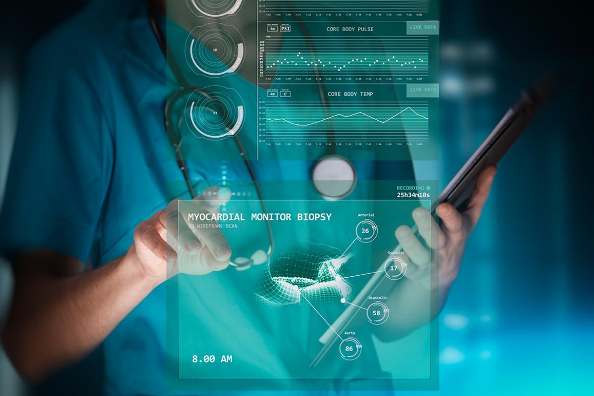 Physician interacting with myocardial monitor biopsy screen, augmented intelligence (AI).