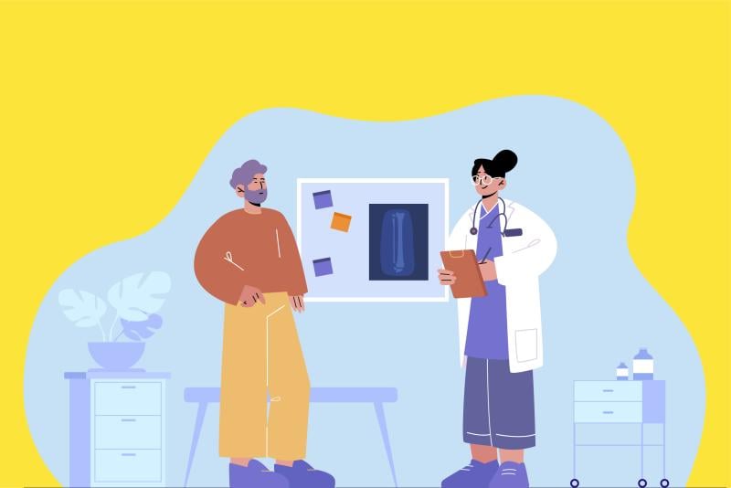 Illustration of resident looking at a diagnostic image