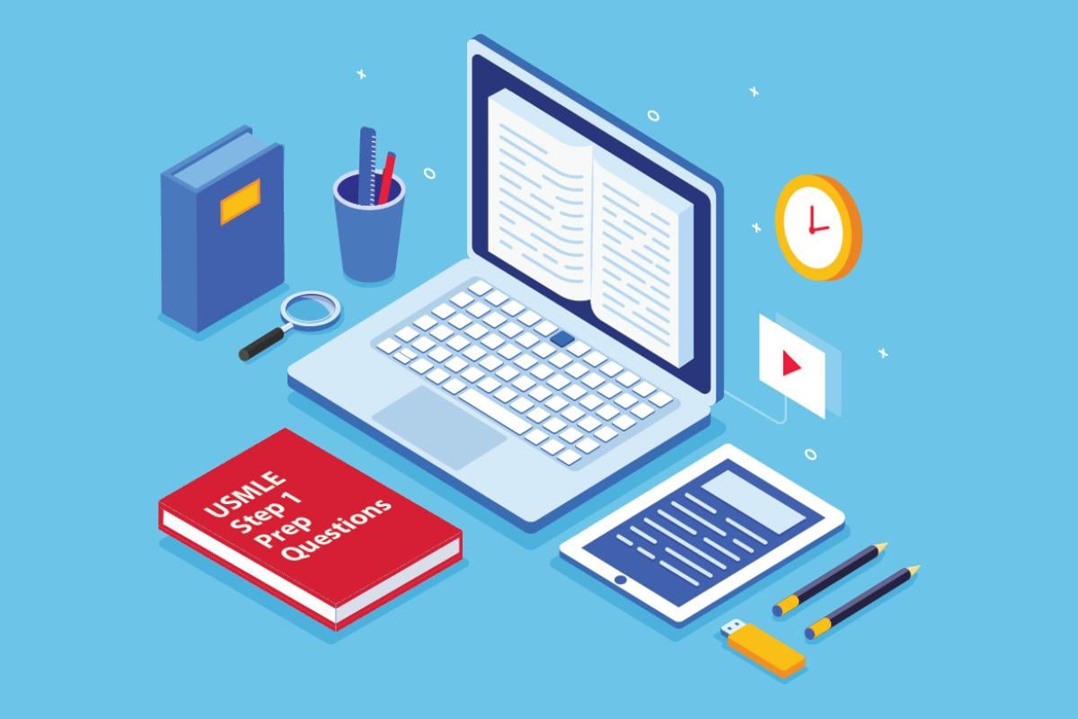 Illustration of a laptop and quizbook